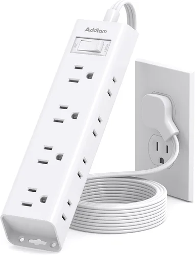 Miniatura 12 de ADDTAM - Tira de alimentación de enchufe plano, cable de extensión plano ultradelgado - ADDTAM 12 enchufes AC de lados 3 múltiples, 5 pies, Blanco