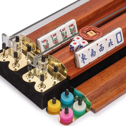 Miniatura 2 de Juego de Mahjong Americano de Yellow Mountain Imports, Little Birdie con Estuche de Madera, Estantes de Madera con Empujadores de Acrílico, Monedas