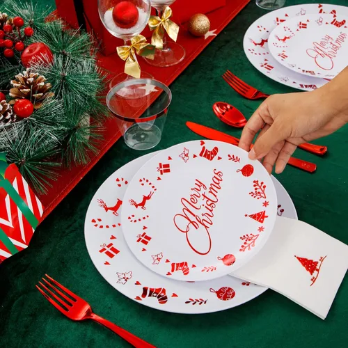 Miniatura 6 de Liacere 175 piezas de platos desechables de plástico navideños rojos y blancos - Incluye 25 platos de postre, 25 platos para cena, 25 cuchillos, 25