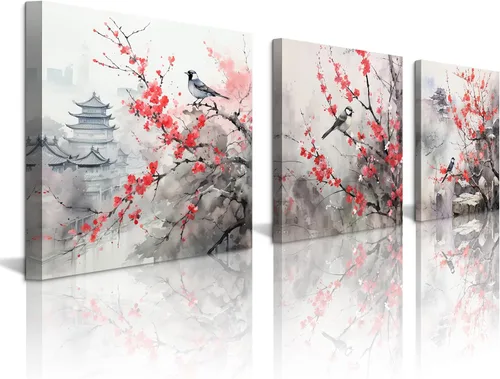 Miniatura 46 de Arte de Pared de Acuarela de Estilo Asiático Tradicional Chino Pájaro en Rama de Flor de Cerezo Roja Decoración Paisaje Floral Oriental Pintura
