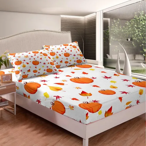 Miniatura 3 de Juego de sábanas de calabaza de otoño, tamaño individual, hojas de arce para niños y niñas, cosecha de otoño, fruta, botánico, sábana bajera