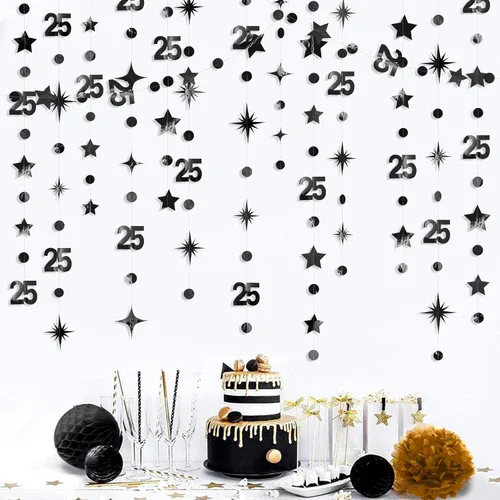 Miniatura 7 de Decoraciones negras de cumpleaños número 25 con círculos, estrellas, guirnalda de serpentina, telón de fondo para mujeres y hombres, saludos a