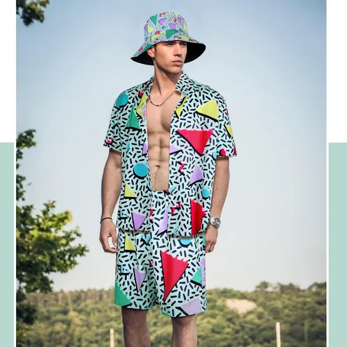 Miniatura 5 de Conjunto de 2 piezas de camisa y pantalones cortos retro de los años 80 y 90 con sombrero, trajes de playa hawaianos para hombres, fiesta