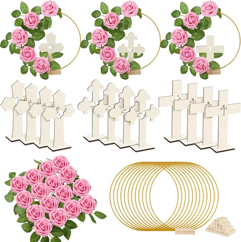 Miniatura 10 de Wesiti 48 piezas Centro de mesa para bautizo, decoración de mesa para primera comunión, 12 cruces de madera, 12 aros florales con soporte, 24 rosas