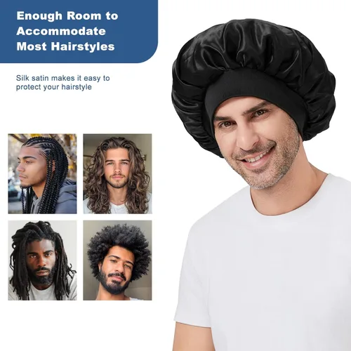 Miniatura 5 de Gorro para hombre, gorro de doble capa para dormir, gorro de dormir ajustable con banda elástica, gorros de satén de seda para trenzas de cabello