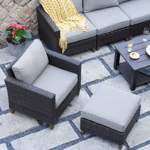 Miniatura 4 de Grand patio Reposapiés otomano para patio al aire libre con tela de primera calidad, suave cojín extraíble, asiento otomano de mimbre para jardín