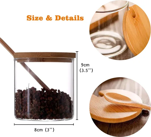 Miniatura 3 de FANTESTICRYAN Juego de 2 recipientes de vidrio transparente para condimentos, simple y elegante, decorativo, con tapa de bambú y cuchara