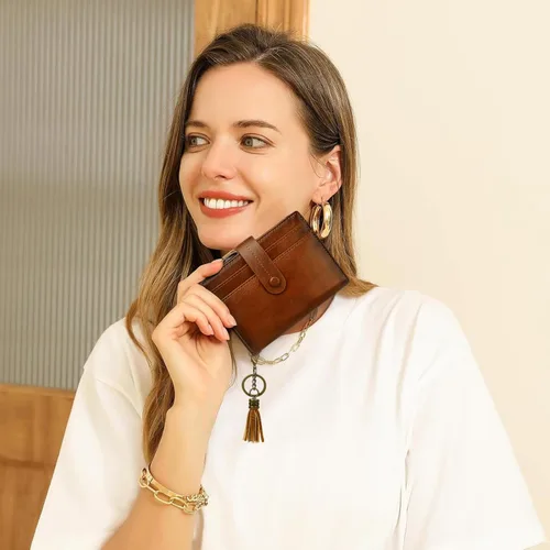 Miniatura 2 de Billetera de cuero para mujeres, billetera pequeña con bloqueo RFID para mujeres, billetera compacta de dos pliegues con tarjetero, ventana