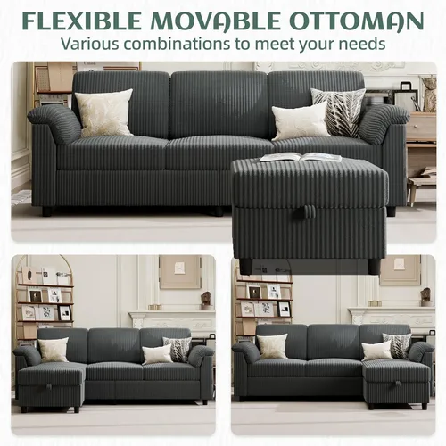 Miniatura 7 de Vongrasig Sofá Seccional Convertible, Sofá en Forma de L de 3 Asientos con Almohadas Removibles Tela de Pana Suave Sofá Pequeño de Mediados de Siglo