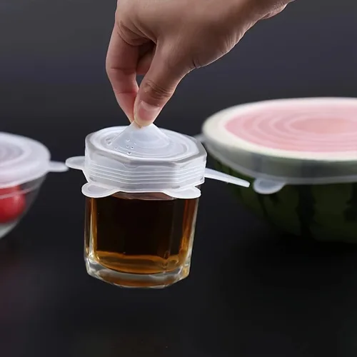 Miniatura 5 de Tapas elásticas de silicona, 6 tamaños, fundas reutilizables para almacenamiento de alimentos para cuencos, frutas y recipientes (rosa, 6 unidades)