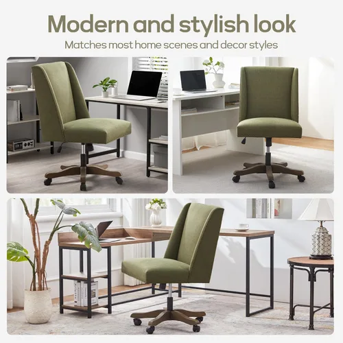 Miniatura 8 de Zihanhome Silla de oficina tapizada sin brazos con patas de madera, moderna y ajustable para oficina en casa, silla de escritorio, silla giratoria