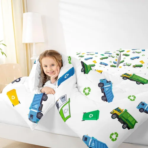 Miniatura 7 de Juego de edredón de camión de basura para niños, tamaño individual, juego de ropa de cama de automóvil de dibujos animados para niños, adolescentes