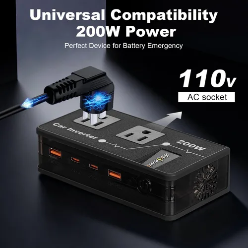 Miniatura 4 de Inversor de corriente para automóvil de 200 W, adaptador de salida de automóvil dual DC de 12 V a 110 V CA a enchufe de pared, carga rápida de 24 W