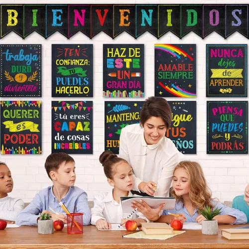 Miniatura 6 de gisgfim 21 pósteres inspiradores españoles de Bienvenidos, color negro, colorido, motivacional, juego de tablones de anuncios para el aula, oficina