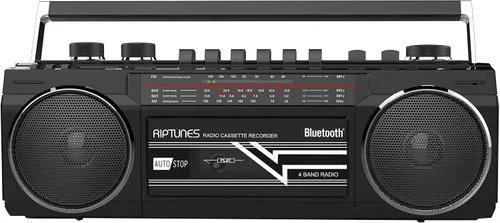 Riptunes Boombox de cassette, Boombox retro Bluetooth, reproductor y grabador de cassette, radio AM/FM/SW-1-SW2 de 4 bandas, USB, SD y entrada Negro