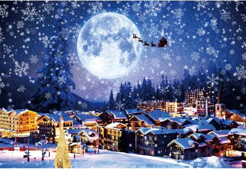 Miniatura 6 de Telón de fondo de 2,1 x 1,5 m para pueblo navideño, nieve invernal, cielo nocturno, montaña, Santa, fondo para fotografía, decoración para fiesta