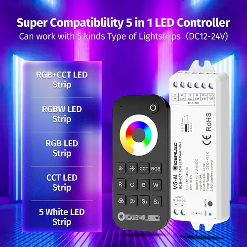 Miniatura 2 de GIDEALED Controlador LED RGBCCT inalámbrico de 5 canales 2.4G con control remoto RF, atenuación 5 en 1 RGBWW LED Strip Controller para RGBW RGBWW