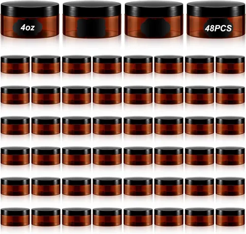 Miniatura 10 de Paquete de 48 tarros de plástico de 4 onzas con tapas y etiquetas doradas, recipientes de cosméticos de boca ancha a prueba de fugas de 4 onzas