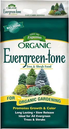 Espoma Fertilizante orgánico de tono perenne 4-3-4 natural y orgánico y alimento vegetal para árboles y arbustos de hoja perenne. Bolsa de 18