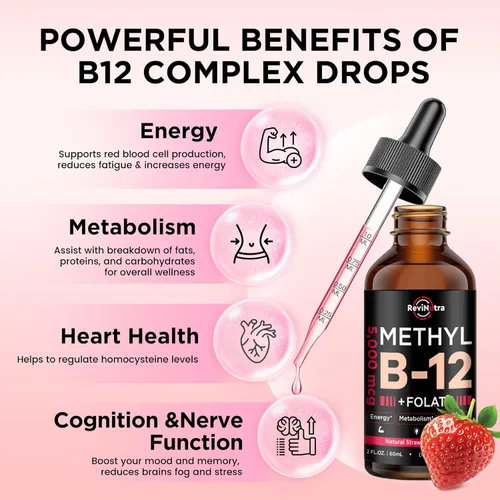 Miniatura 2 de Gotas líquidas de vitamina B12, vitaminas B12 de 5000 mcg, suplemento de complejo de vitamina B con metilcobalamina B12 sublingual, vitamina B6