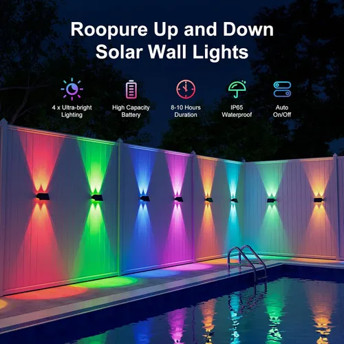Miniatura 2 de Paquete de 4 luces de pared alimentadas por energía solar para exteriores, montaje en valla de arriba y abajo, lámparas LED decorativas impermeables