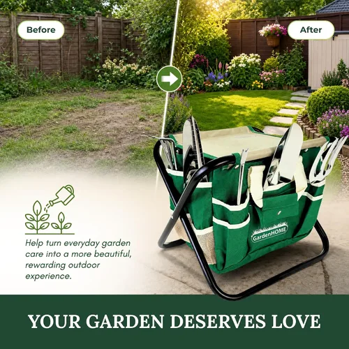 Miniatura 8 de GardenHOME Juego de herramientas de jardinería de 7 piezas, herramientas de acero inoxidable con asas de madera, taburete plegable y bolsa de lona