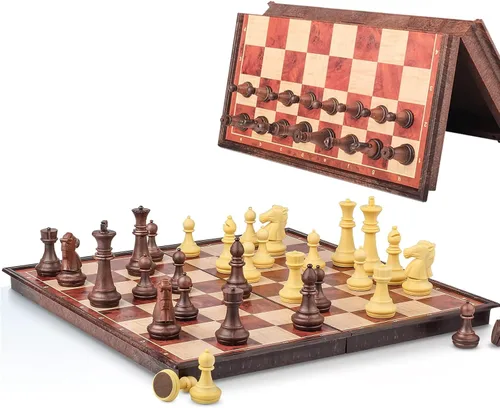 Miniatura 7 de Juego de ajedrez magnético de viaje mini 6.5 pulgadas, estilo nogal - Pequeño tablero de ajedrez plegable de bolsillo, ideal para viajes y regalos