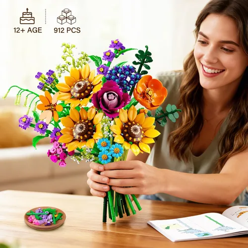 Miniatura 9 de CUBIMANA Juego de construcción de ramo de flores silvestres con luces, 912 piezas, colección de flores silvestres, 18 botánicos, bloques
