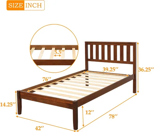 Miniatura 2 de MERITLINE Base de cama individual, plataforma de madera con cabecero y estribo, no necesita somier, nogal