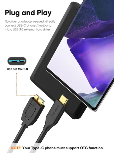 Miniatura 6 de CableCreation Cable corto USB C a Micro B de 1 pie, 10G Micro B a USB C, cable de disco duro externo para iPhone 15/16/17, Samsung Galaxy S24, Negro