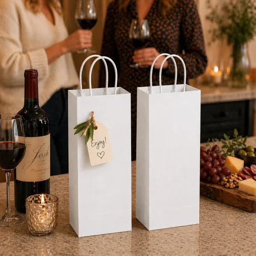 Miniatura 5 de Bolsas de regalo de vino kraft con asas, paquete de 50 bolsas de papel marrón para botellas de vino, 5.25 x 3.25 x 13 pulgadas (kraft blanco)