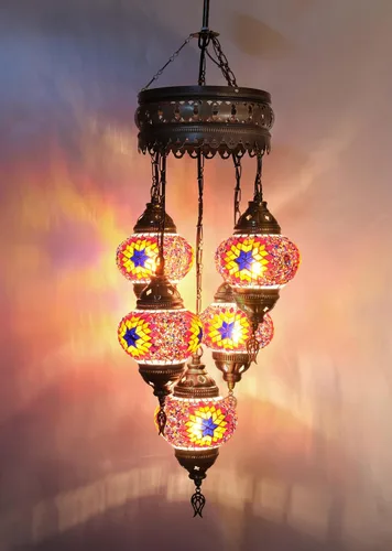 Miniatura 5 de Asylove Candelabros turcos de 5 globos, lámpara colgante de mosaico, iluminación de techo marroquí Art Deco de 5 globos, 5 pulgadas de altura total