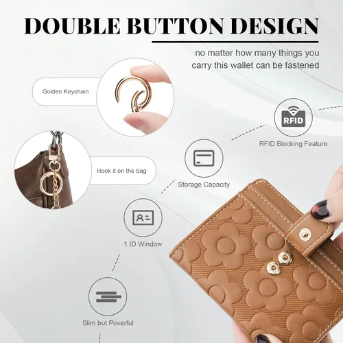 Miniatura 3 de Cartera RFID para mujer, delgada y pequeña, de piel con estampado de flores, plegable, compacta, con tarjetero y bolsillo para monedas, color marrón