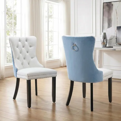 Miniatura 123 de Velvet Dining Chairs Set of 2, Tufted High Chairs with Nailhead Trim, Pull Ring, Black Solid Wood Legs, Elegant Upholstered Accent Chairs for Dining