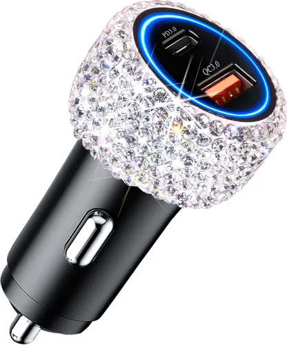 Adaptador de cargador de coche USB C de 54 W Bling Diamond PD y QC 2 puertos tipo C cargador de coche compacto compatible con iPhone, iPad, Samsung