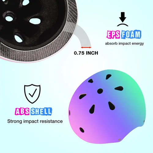 Miniatura 10 de Casco de bicicleta ajustable con gradiente de color y coderas y rodilleras - Casco para niños y niñas para patinaje, edades 3-14 Ideal