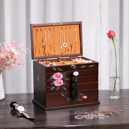 Miniatura 2 de Xloverise Joyero de madera para Wowen, organizador de 5 capas de pintura a mano con colgador de collar, organizador de cajas de joyería grandes
