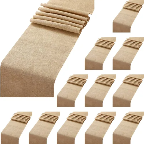 Buryeah Paquete de 12 caminos de mesa de arpillera, 12 x 108 pulgadas, yute natural, decoración de mesa de campo vintage para boda, compromiso,