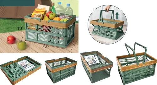 Miniatura 6 de Cesta de plástico plegable duradera con 2 asas, cestas de compras reutilizables para comestibles; pequeñas cajas de almacenamiento plegables