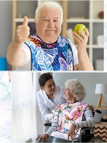 Miniatura 7 de Eurzom Paquete de 6 baberos para adultos para mujeres y hombres mayores, baberos reutilizables para adultos para comer con recogedor de migas