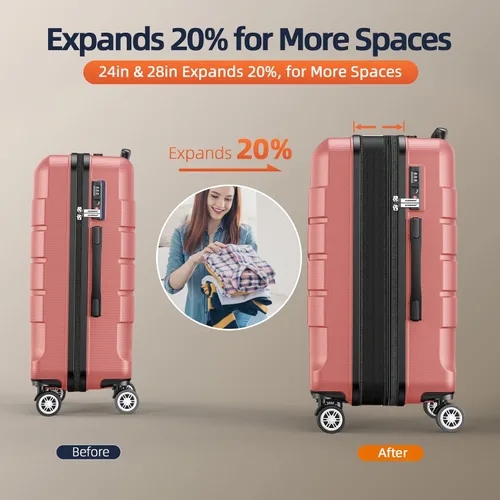 Miniatura 5 de SHOWKOO Sets de equipaje, maleta ampliable con doble ruedas, bloqueo TSA, 3pcs, Rose gold