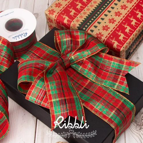 Miniatura 3 de Ribbli 4 rollos de cinta con alambre, cuadros de arpillera natural y roja, 2 pulgadas x 20 yardas, manualidades de Navidad, lazo grande, envoltura