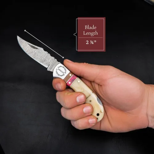 Miniatura 2 de Cuchillo de bolsillo de hueso de camello de acero damascus para hombres, regalos plegables de cuchillo de hoja para él, cuchillos hechos a mano