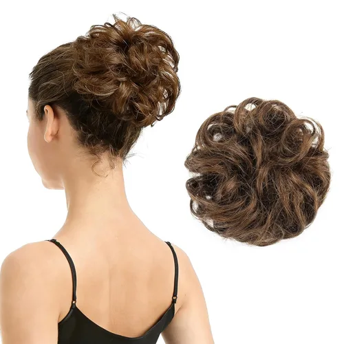 Barsdar - Moño de cabello 100 % humano, Moño desordenado, Extensiones de cola de caballo, Moño de cabello rizado, Pieza de cabello para Castaño Medio
