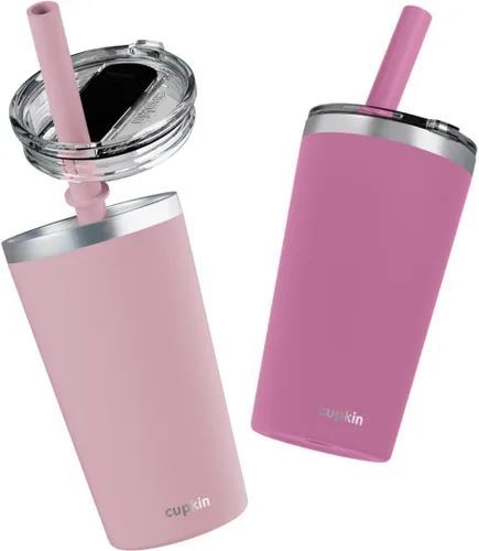 Miniatura 21 de CUPKIN - Taza apilable de acero inoxidable para niños, taza de batido, tazas aisladas con recubrimiento en polvo, tapa libre de BPA y pajilla de Rosa