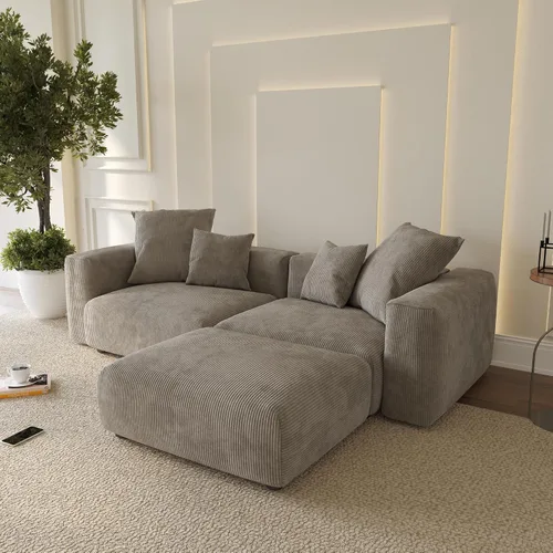 Miniatura 27 de WJShome Cloud Couch Sofá Seccional Modular, Sofá en Forma de L de 102 pulgadas con Otomana, Sofá de Pana Beige de 3 Asientos, Sofá Seccional