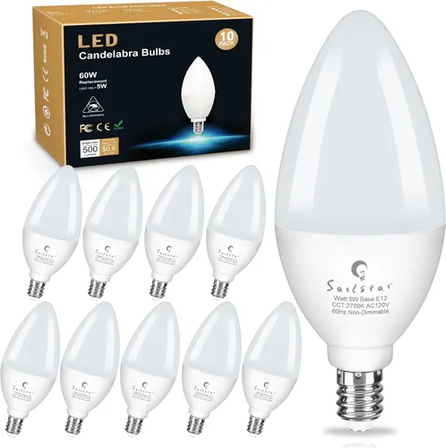 Miniatura 12 de Bombillas LED E12 de Sailstar, equivalentes a 60 W, 500 lúmenes, bombillas de luz para ventilador de techo, blanco suave 2700 K, tipo B, bombilla