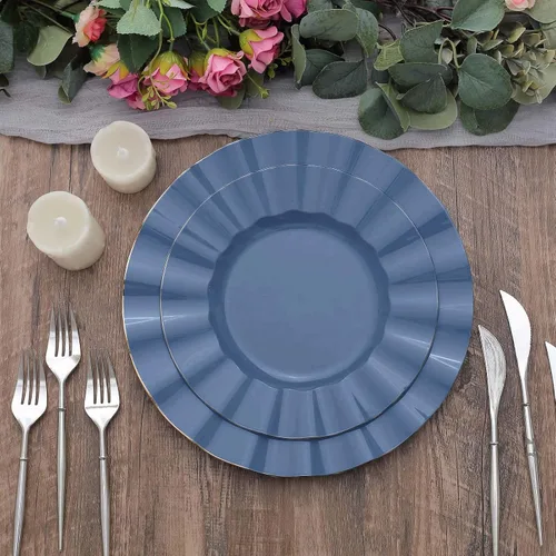 Miniatura 19 de Tableclothsfactory Paquete de 10 platos redondos de plástico negro de 6 pulgadas para ensalada de postre, platos desechables con borde ondulado