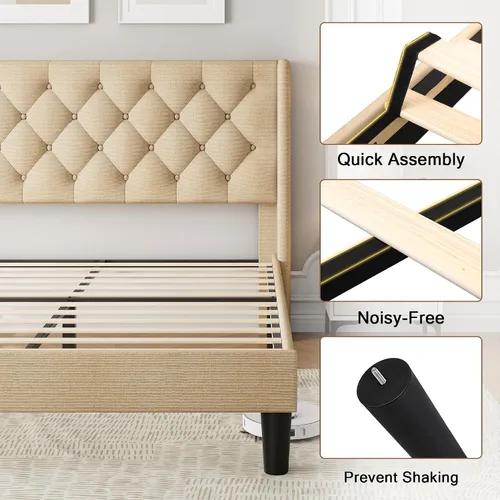 Miniatura 6 de Einhomn Base de cama de plataforma de tamaño matrimonial con cabecera tapizada de tela, 10 pulgadas debajo de la cama, soporte de listones de madera