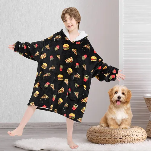 Miniatura 2 de Fiosnow Manta con capucha de pizza y papas fritas para niños de 6 a 13 años, manta de gran tamaño para niños, niñas y adolescentes